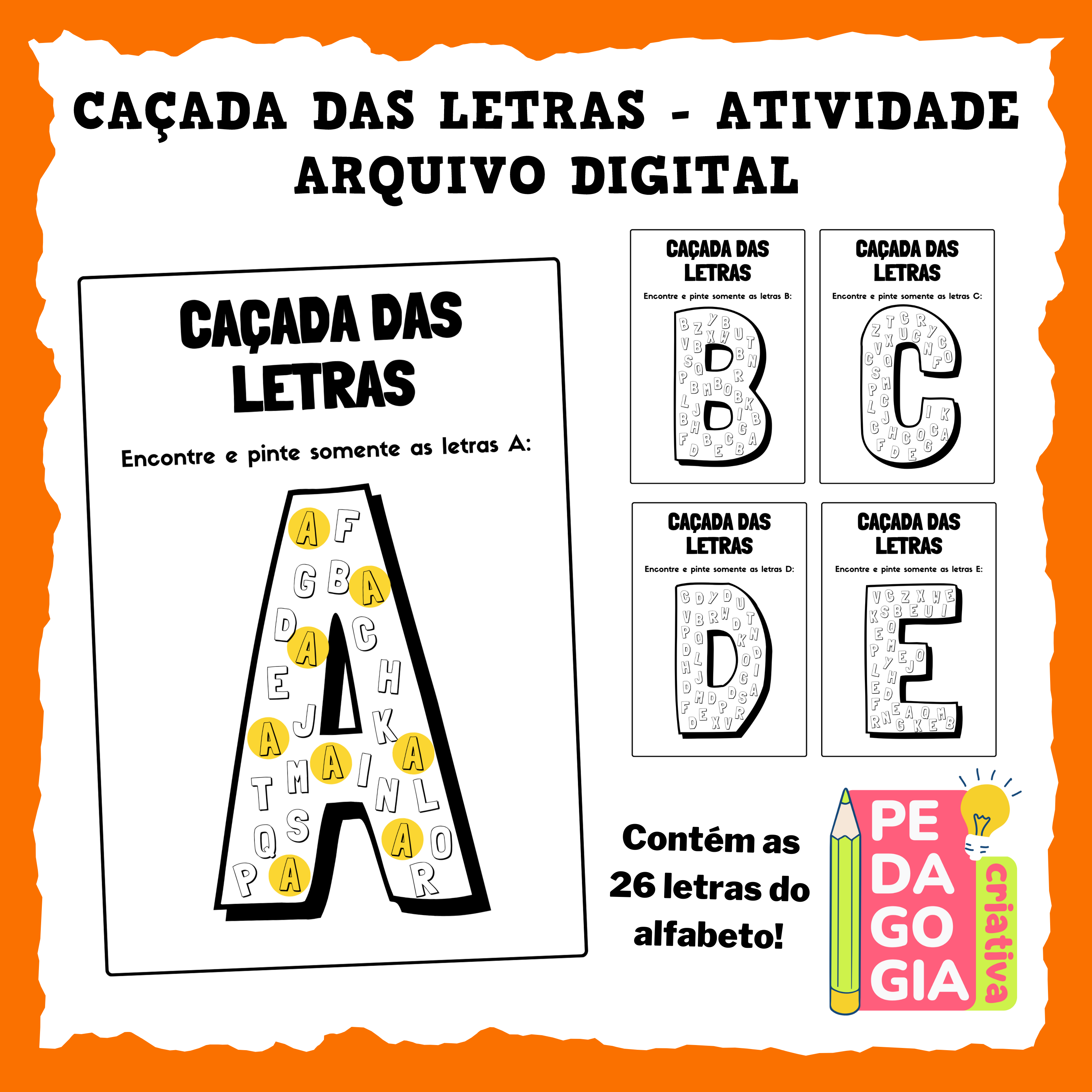 Identificação do jogo "Caçada das Letras", focado em alfabetização