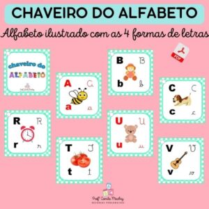 Chaveiro do alfabeto ilustrado com as 4 formas de letras.