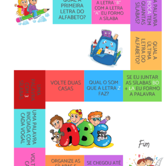 TABULEIRO PARA TRABALHAR A CONSCIÊNCIA SILÁBICA E FONOLÓGICA BRINCANDO. ARQUIVO DIGITAL, PDF, CONTENDO TABULEIRO PARA JOGO, DOIS DADOS, E CARDS RESOSTAS.