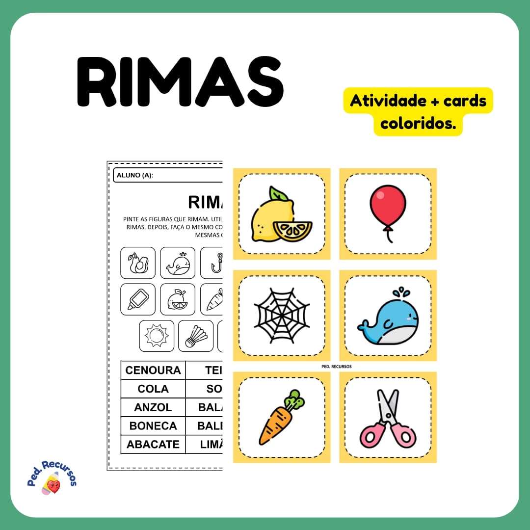 Atividade e cards para trabalhar rimas.