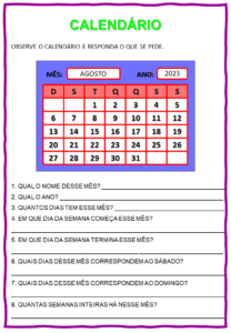 ATIVIDADES CALENDÁRIO